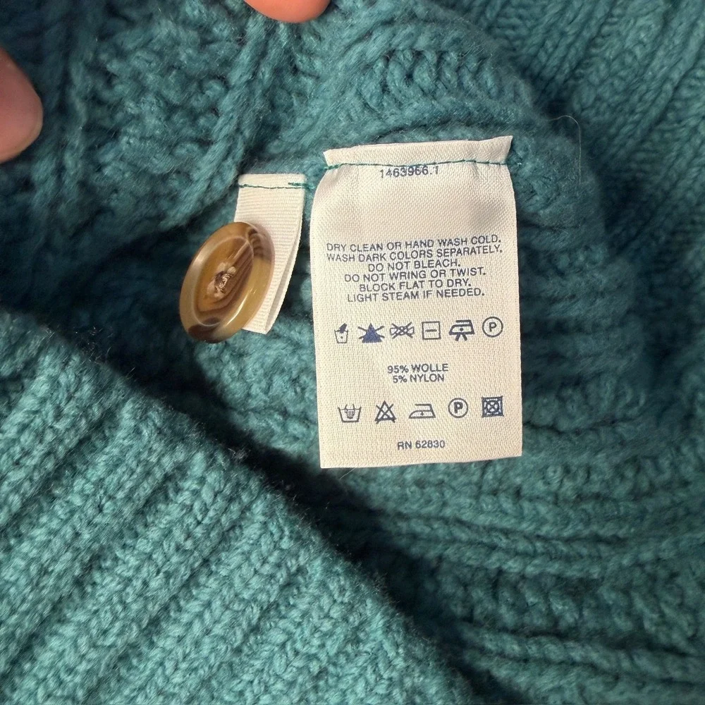 Lands' End Cable Knit Cardigan Sweater Womens M Teal Wool Belted Fisherman NEW